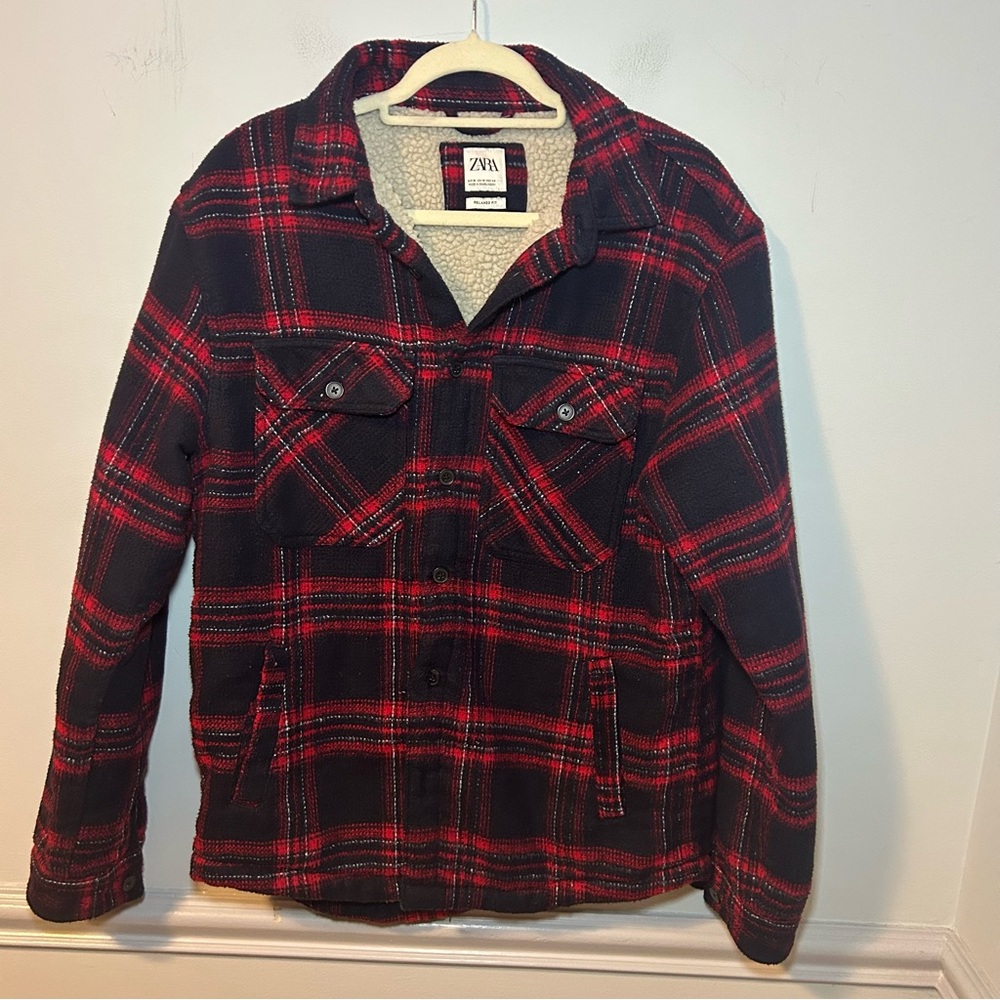 Zara Red & Blue Flannel Fleece Lined Relax Fit Shirt Jacket Size Medium